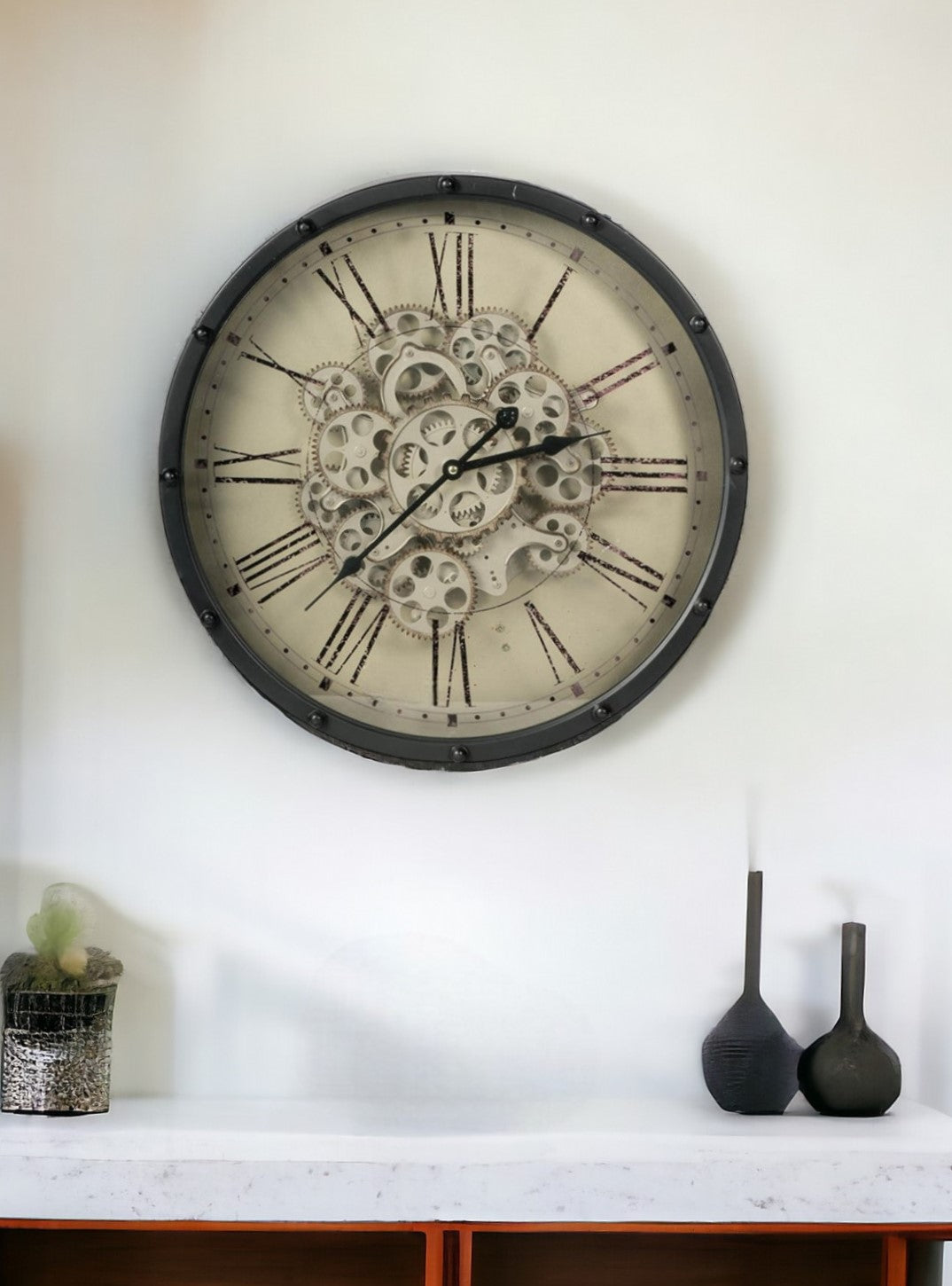 18" Black and Ivory Vintage Gear Industrial Wall Clock-2