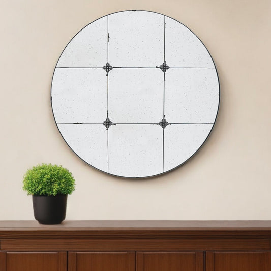 36" Black Round Iron Framed Antiqued Glass Accent Mirror-0
