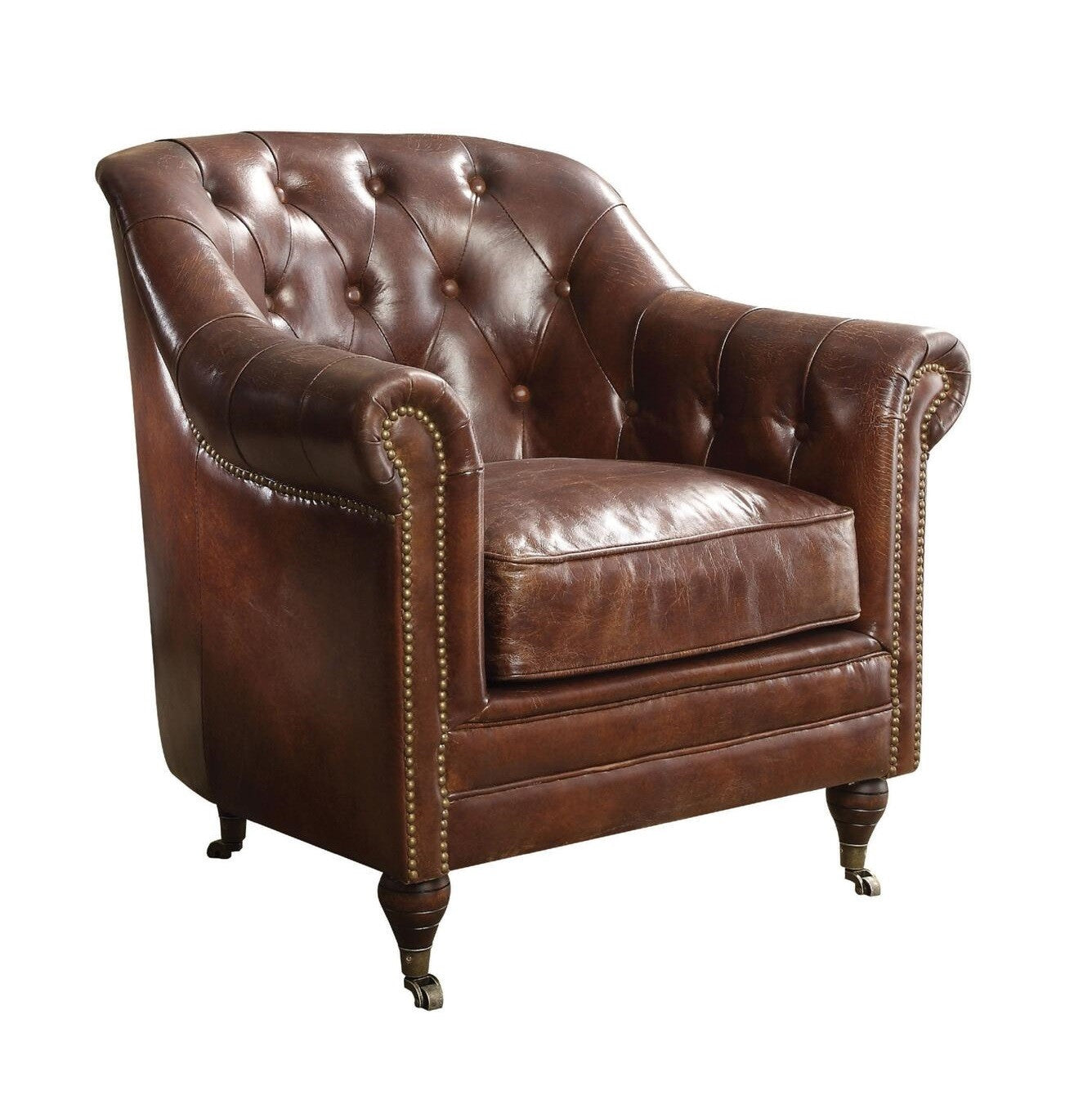 34" Brown Top Grain Leather Tufted Chesterfield Chair-0