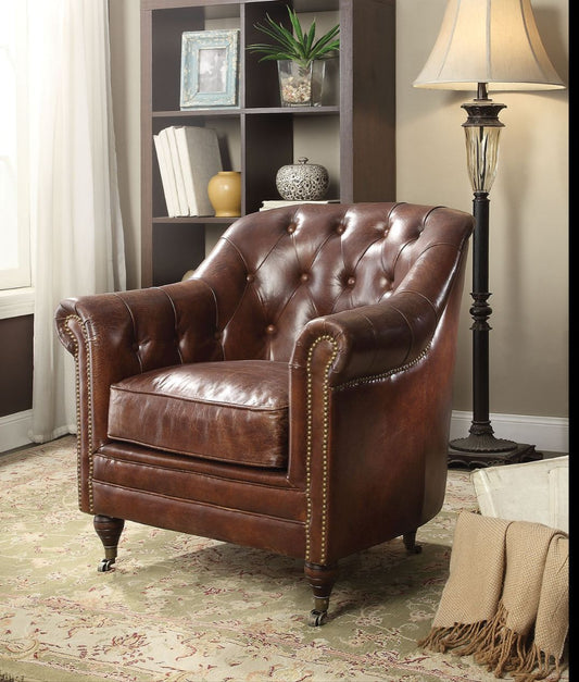 34" Brown Top Grain Leather Tufted Chesterfield Chair-5