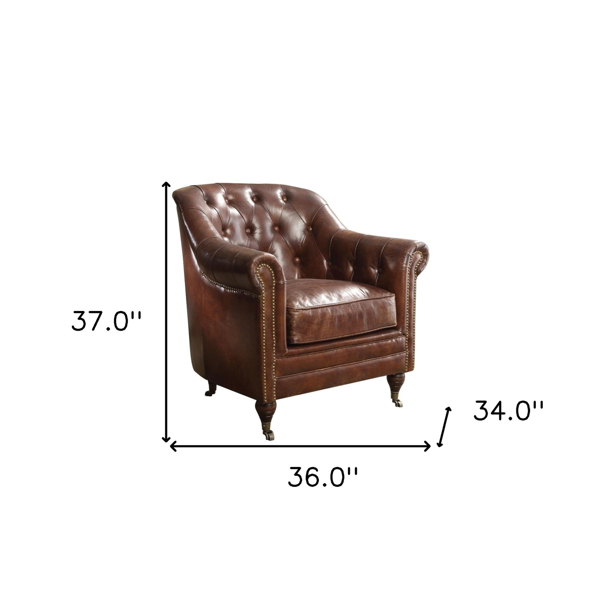 34" Brown Top Grain Leather Tufted Chesterfield Chair-6