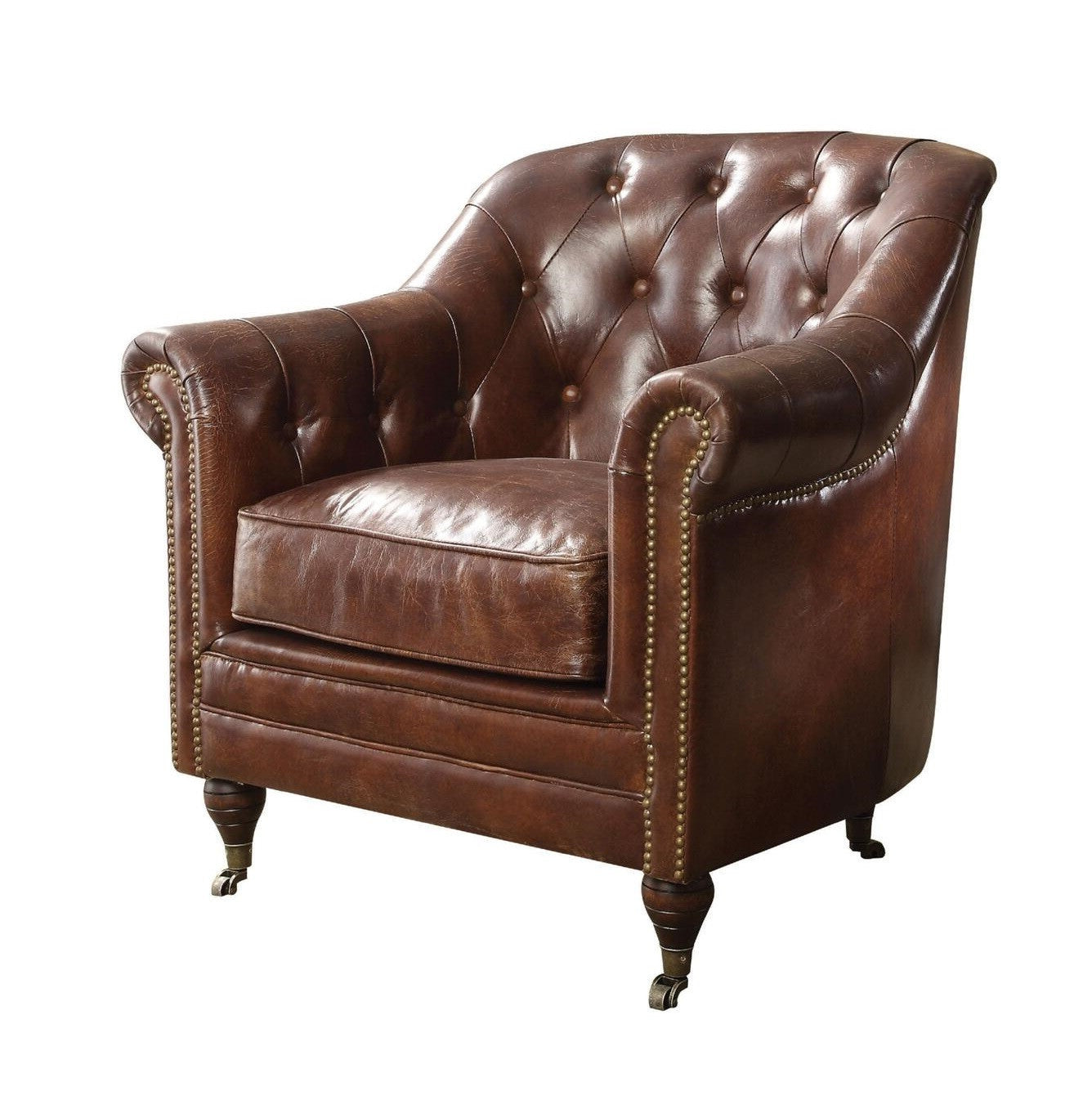34" Brown Top Grain Leather Tufted Chesterfield Chair-2