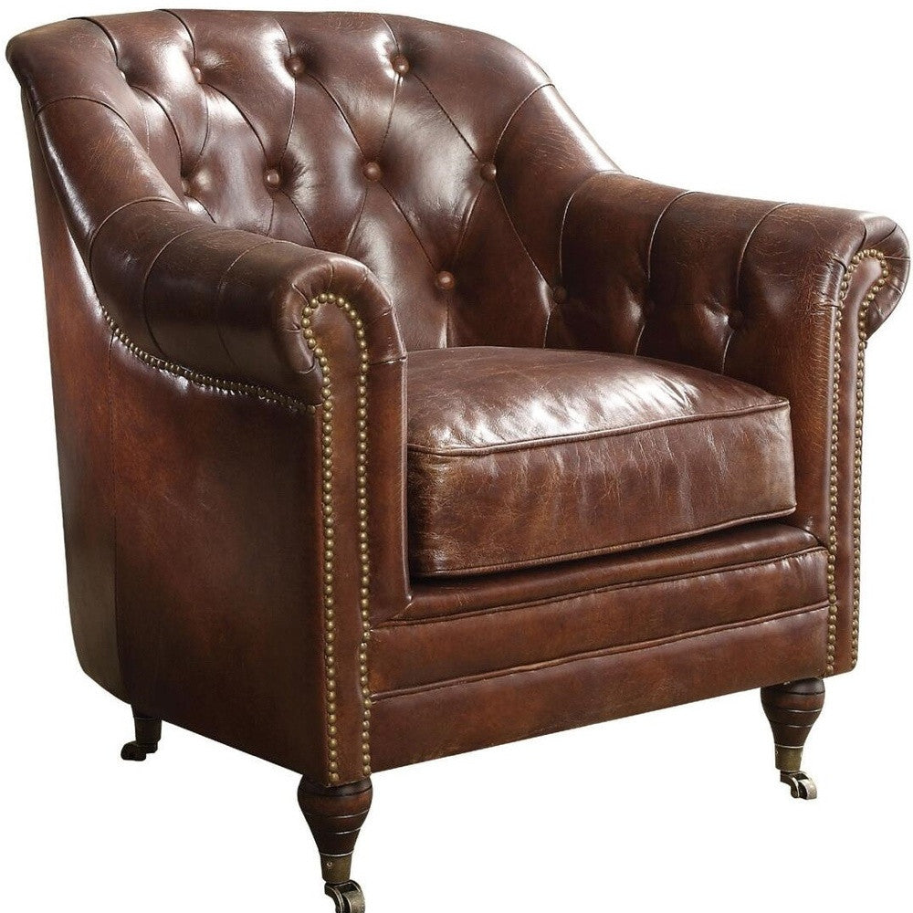 34" Brown Top Grain Leather Tufted Chesterfield Chair-3
