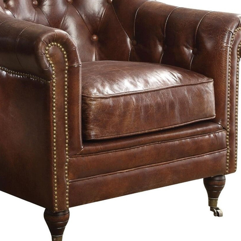 34" Brown Top Grain Leather Tufted Chesterfield Chair-4