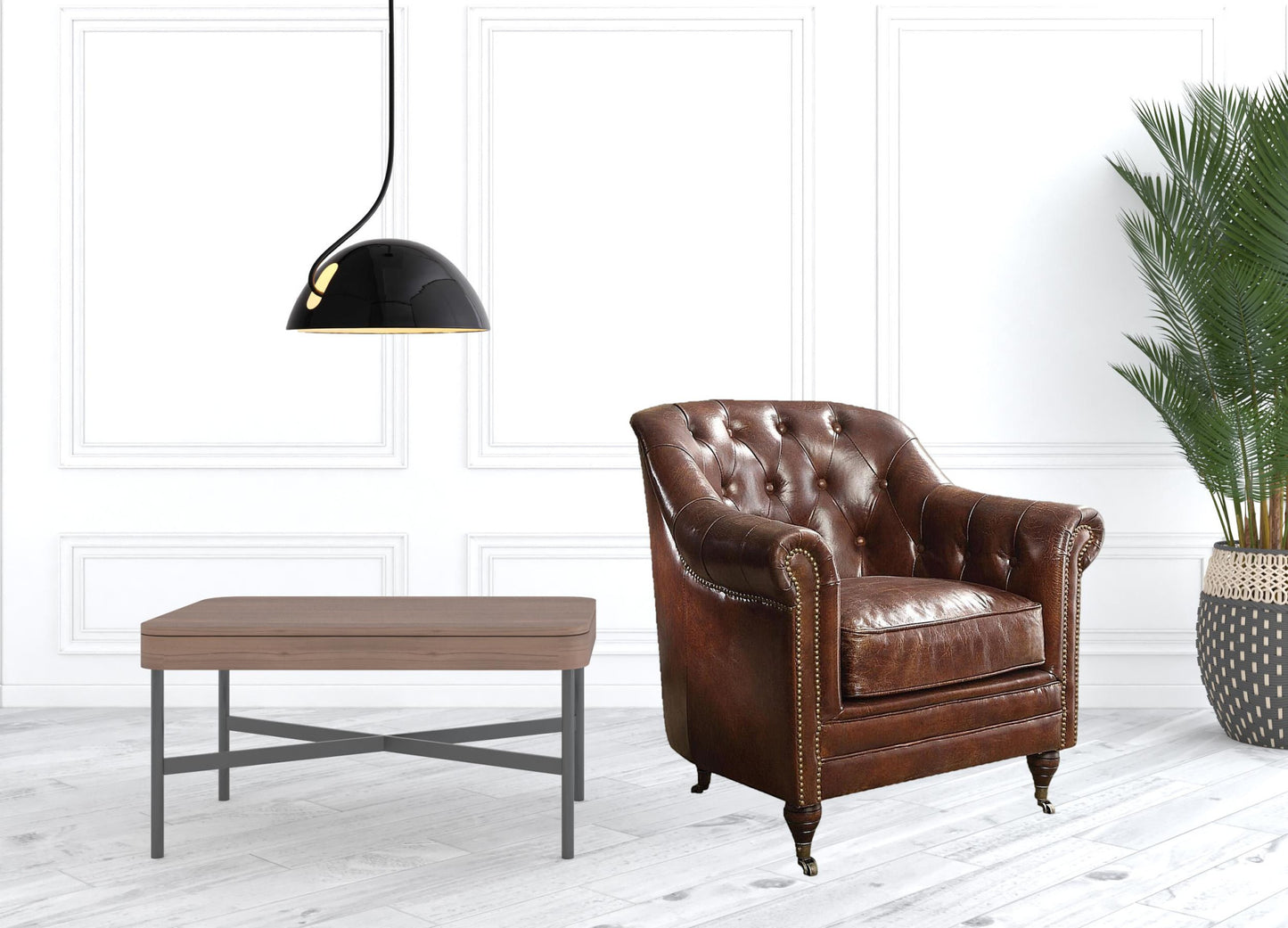 34" Brown Top Grain Leather Tufted Chesterfield Chair-1