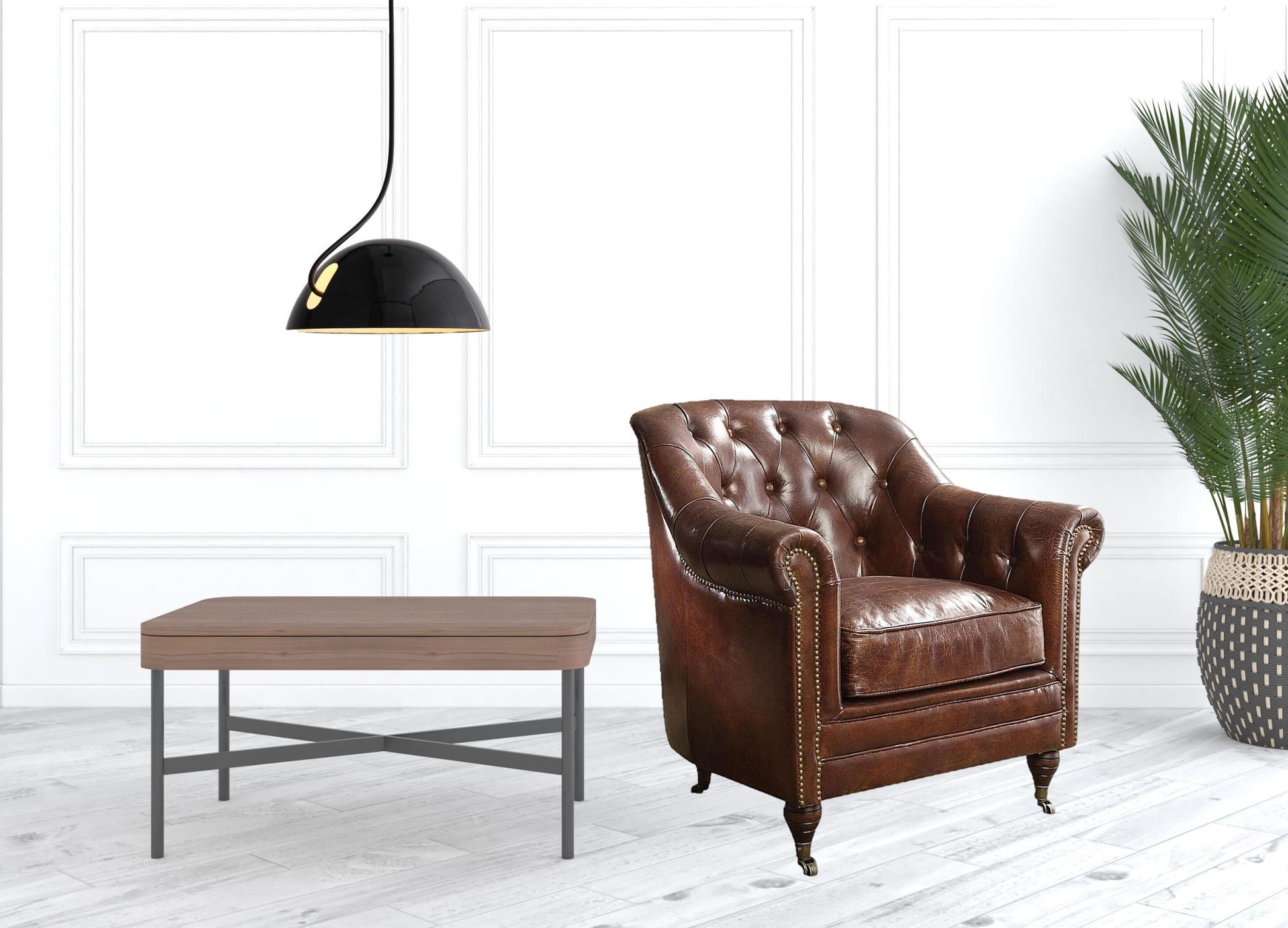 34" Brown Top Grain Leather Tufted Chesterfield Chair-1