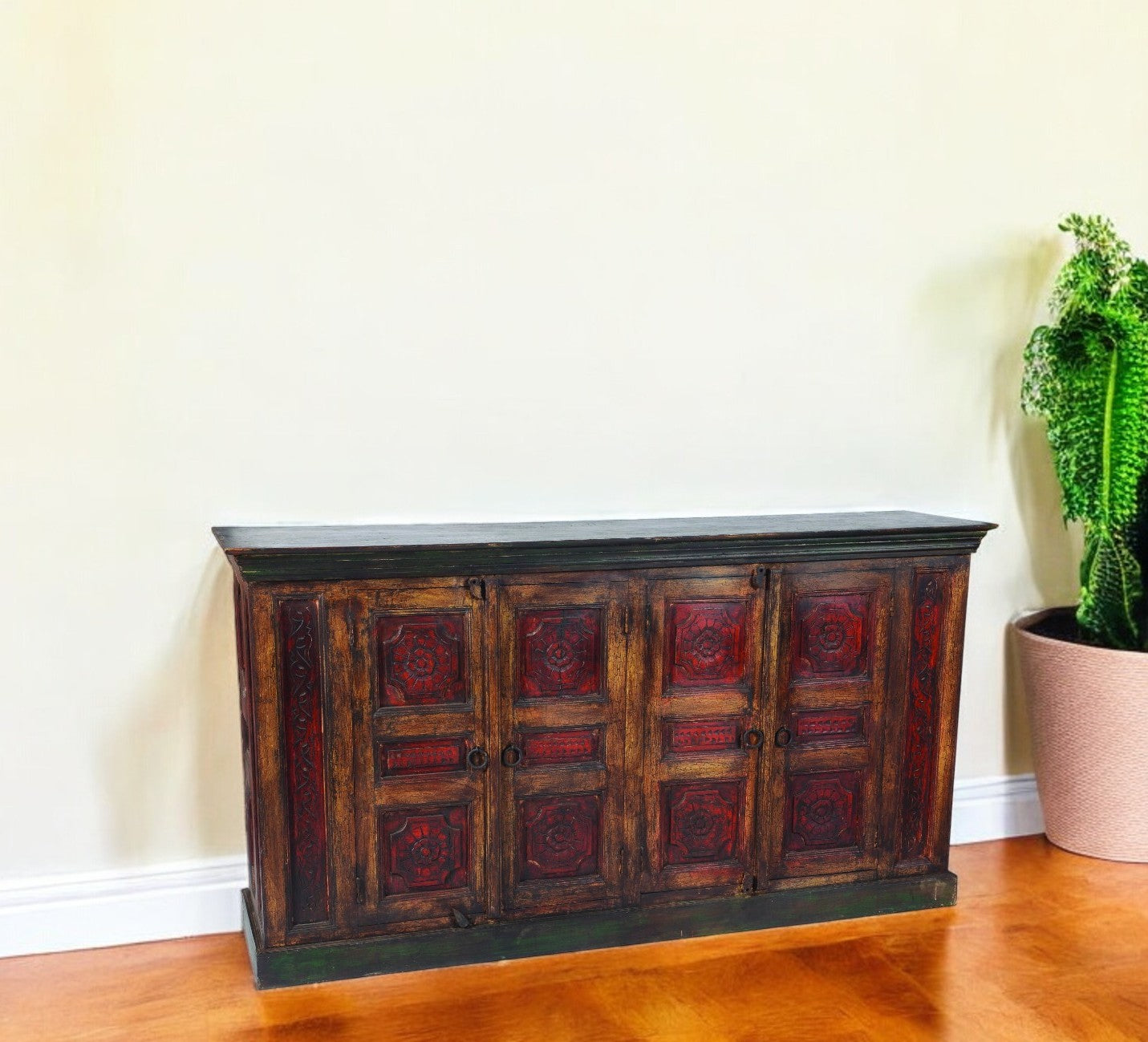 80" Brown and Black Solid Wood Buffet Table with Four Doors-0