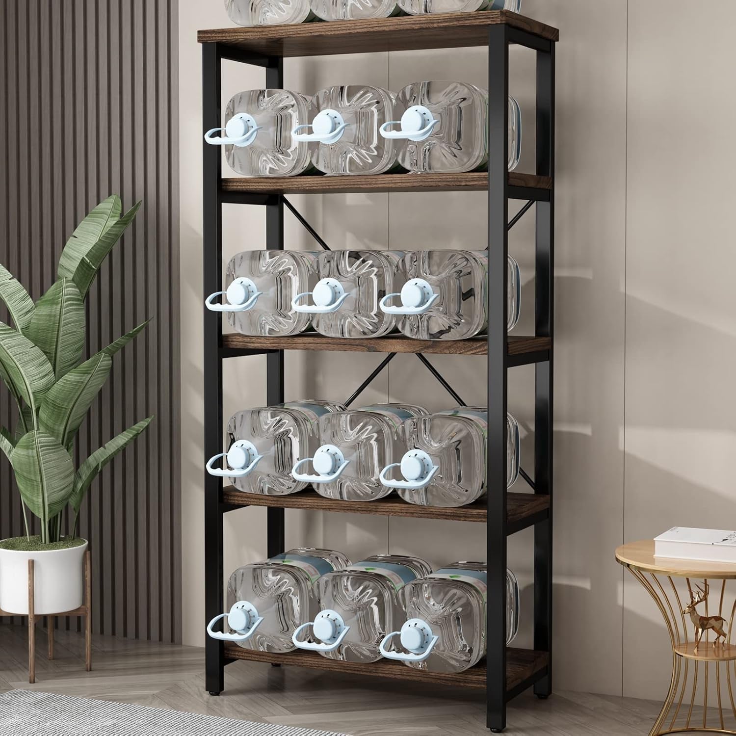 5 Tier Industrial Solid Wood Bookshelf, Open Etagere Bookcase with Metal Frame, Vintage Industrial Style Bookcase/Metal and Wood Bookshelf Furniture (Ay01-5Tier)-2