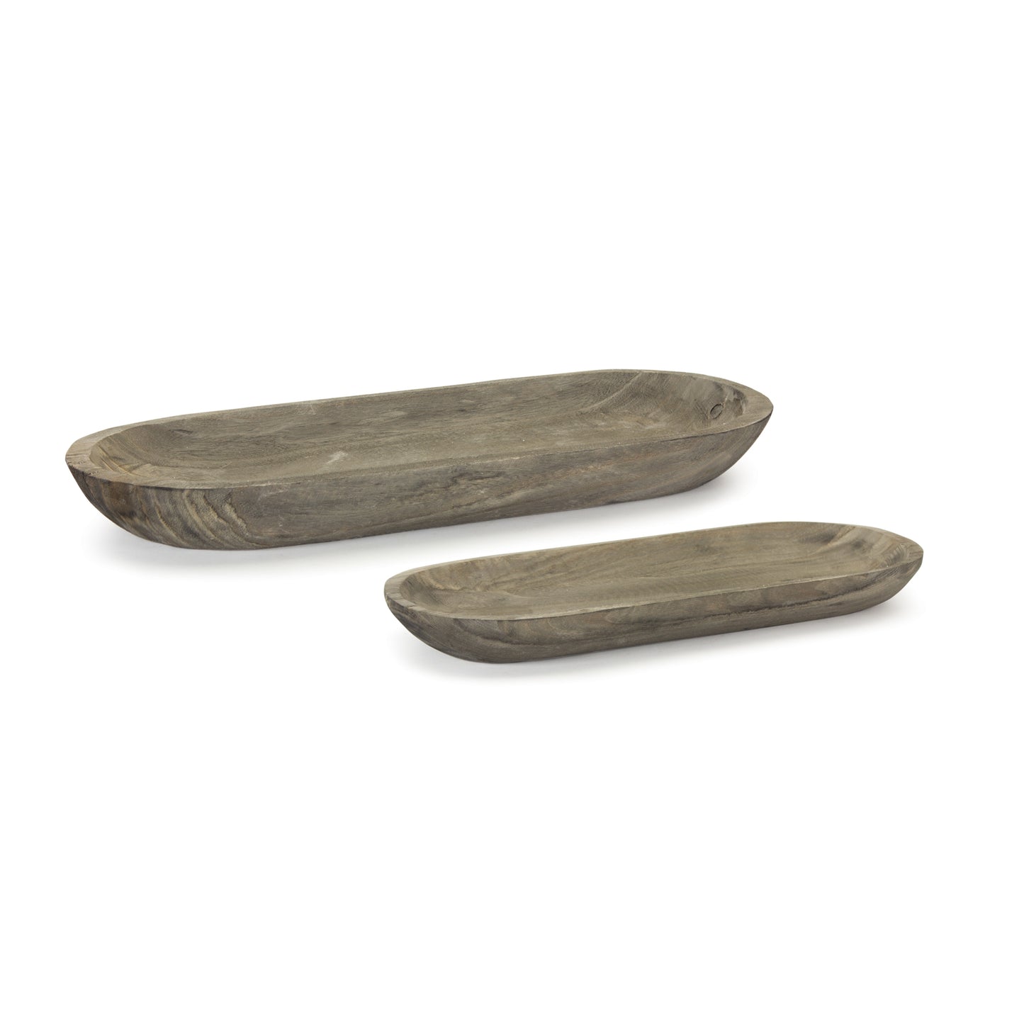 Set of Two Natural Brown Oval Solid Wood Serving Trays-0