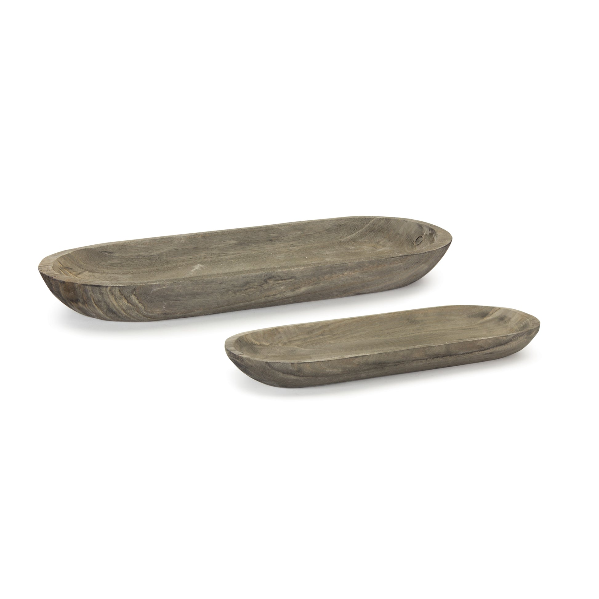 Set of Two Natural Brown Oval Solid Wood Serving Trays-0