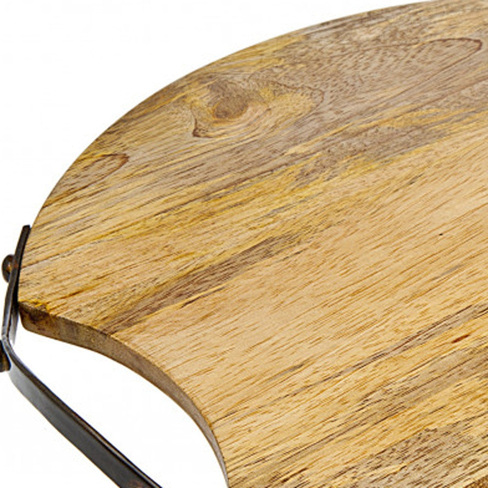 13" Natural Brown Round Wood and Metal Tray-2