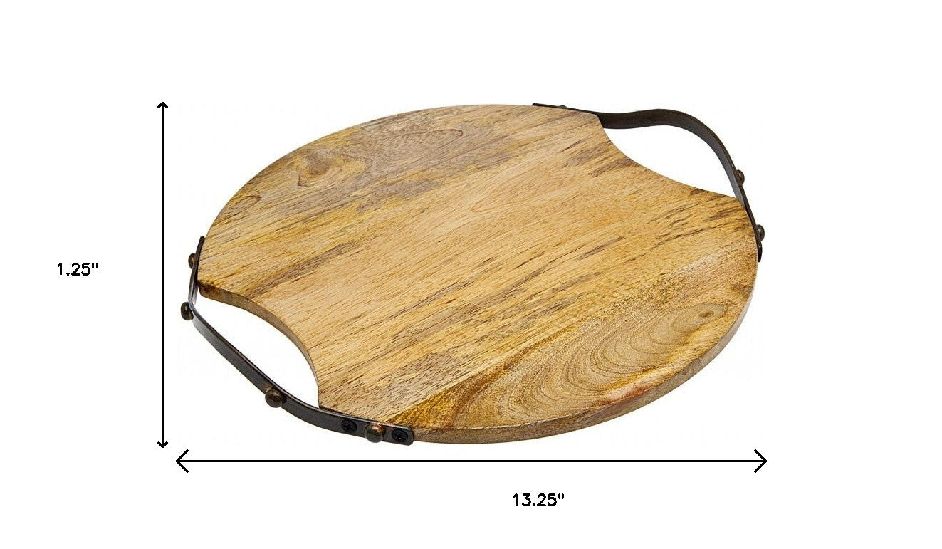 13" Natural Brown Round Wood and Metal Tray-3