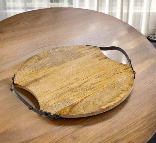 13" Natural Brown Round Wood and Metal Tray-0