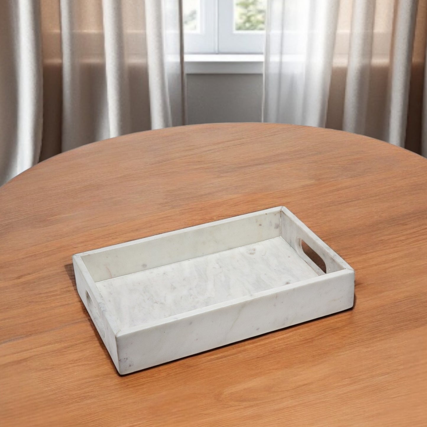 16" White Rectangular Marble Serving Tray With Handles-1