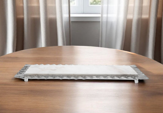 18" White and Silver Rectangular Marble Serving Tray-1