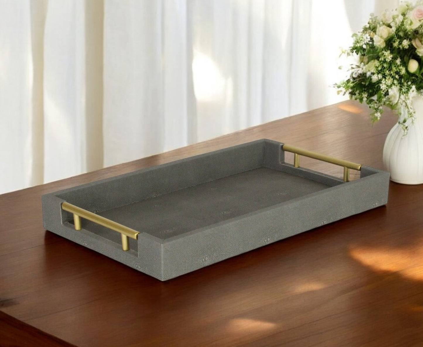 16" Gray Wood Faux Shagreen Serving Tray With Handles-0