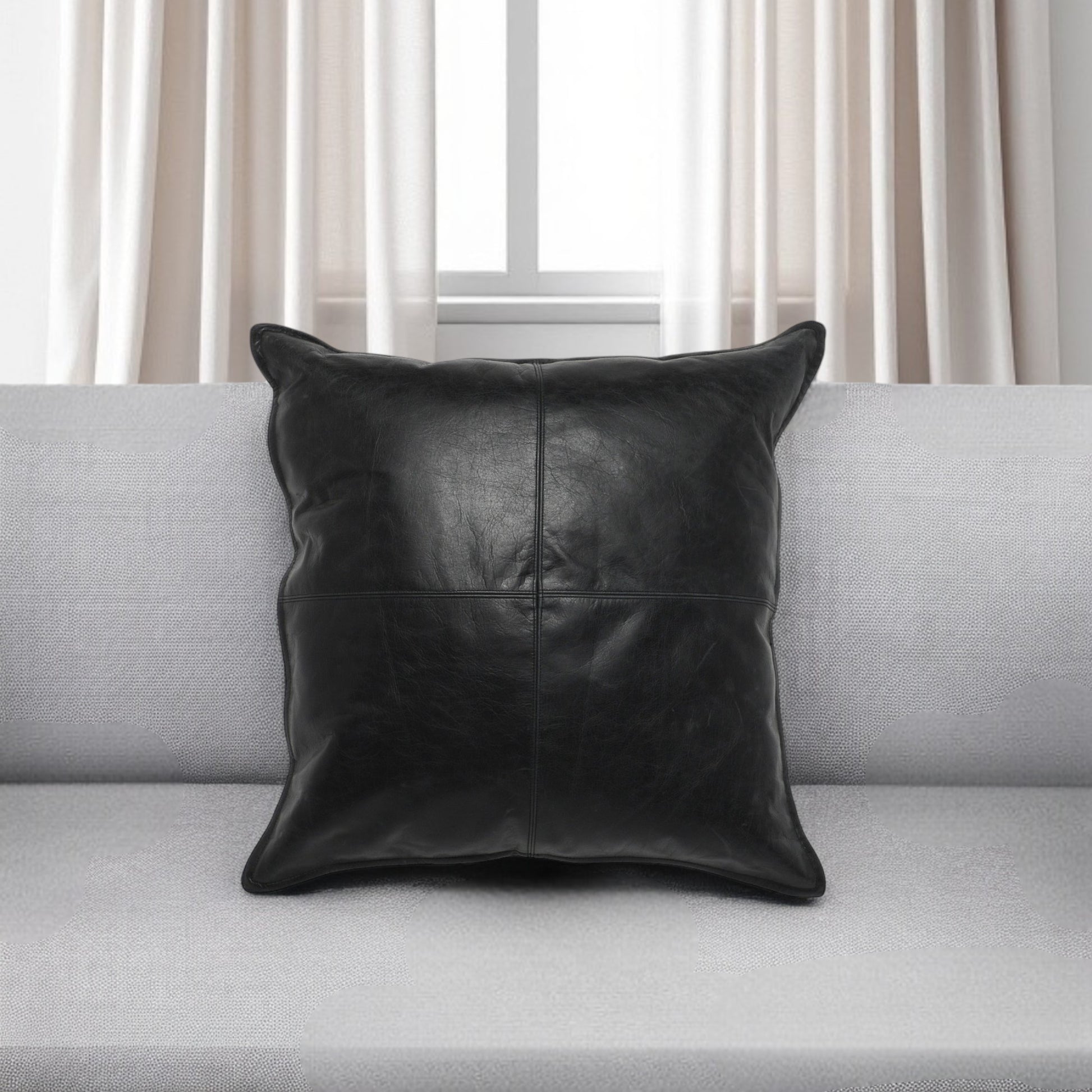 22" Black Leather Feather Throw Pillow-0