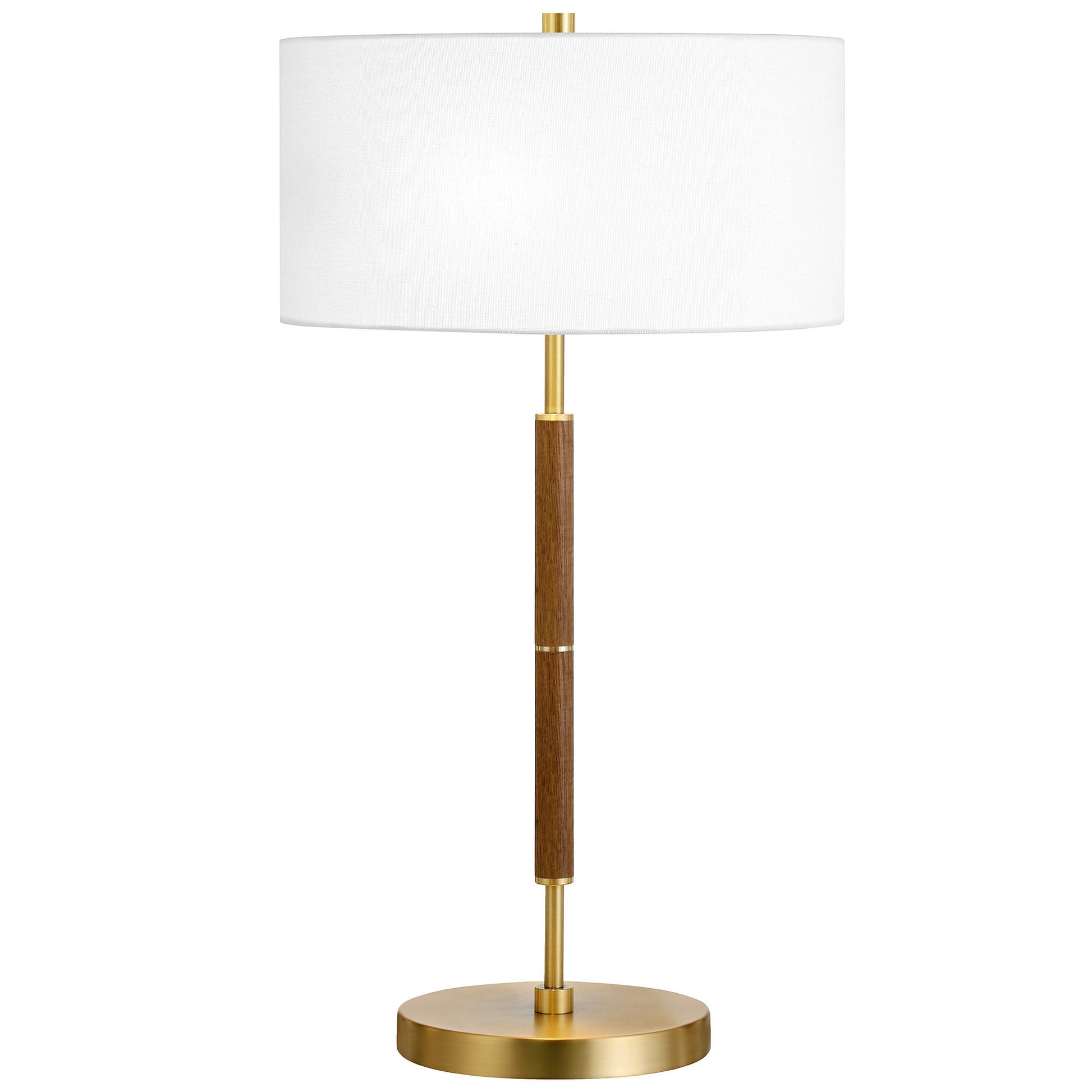 25" Gold and Oak Metal Two Light Table Lamp With White Drum Shade-4