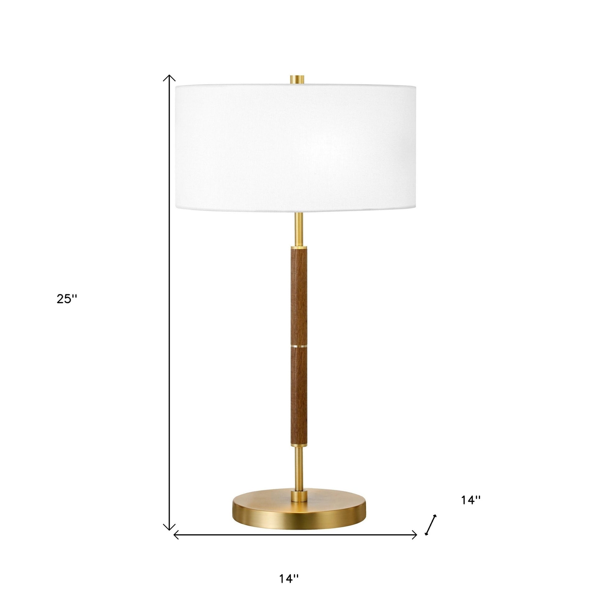 25" Gold and Oak Metal Two Light Table Lamp With White Drum Shade-7