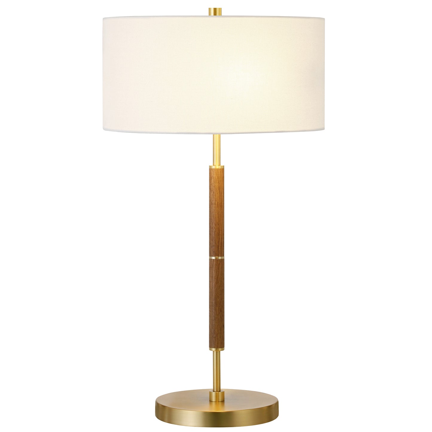25" Gold and Oak Metal Two Light Table Lamp With White Drum Shade-2