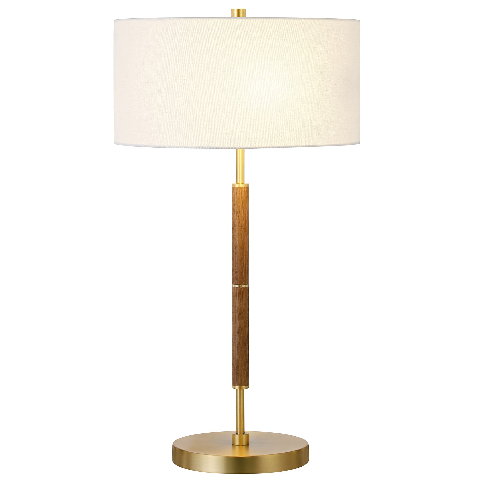 25" Gold and Oak Metal Two Light Table Lamp With White Drum Shade-2