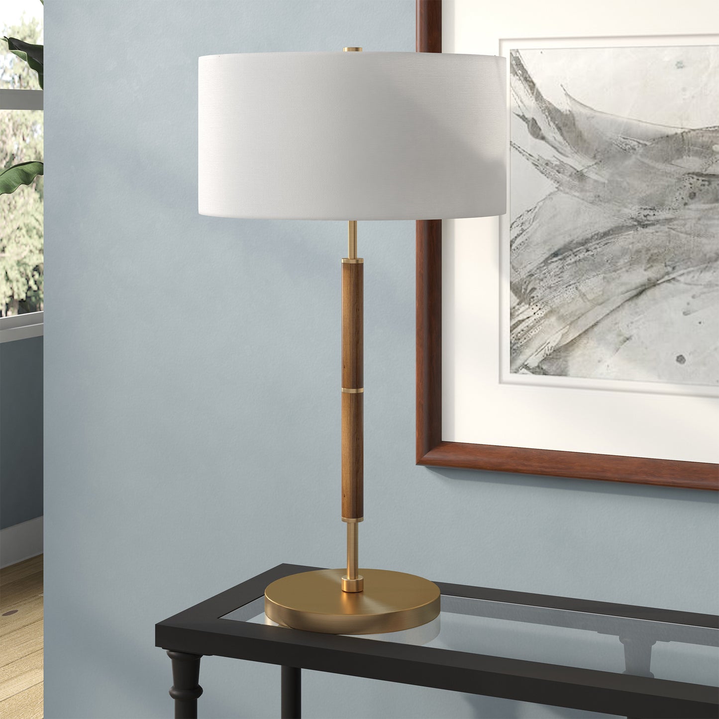 25" Gold and Oak Metal Two Light Table Lamp With White Drum Shade-5