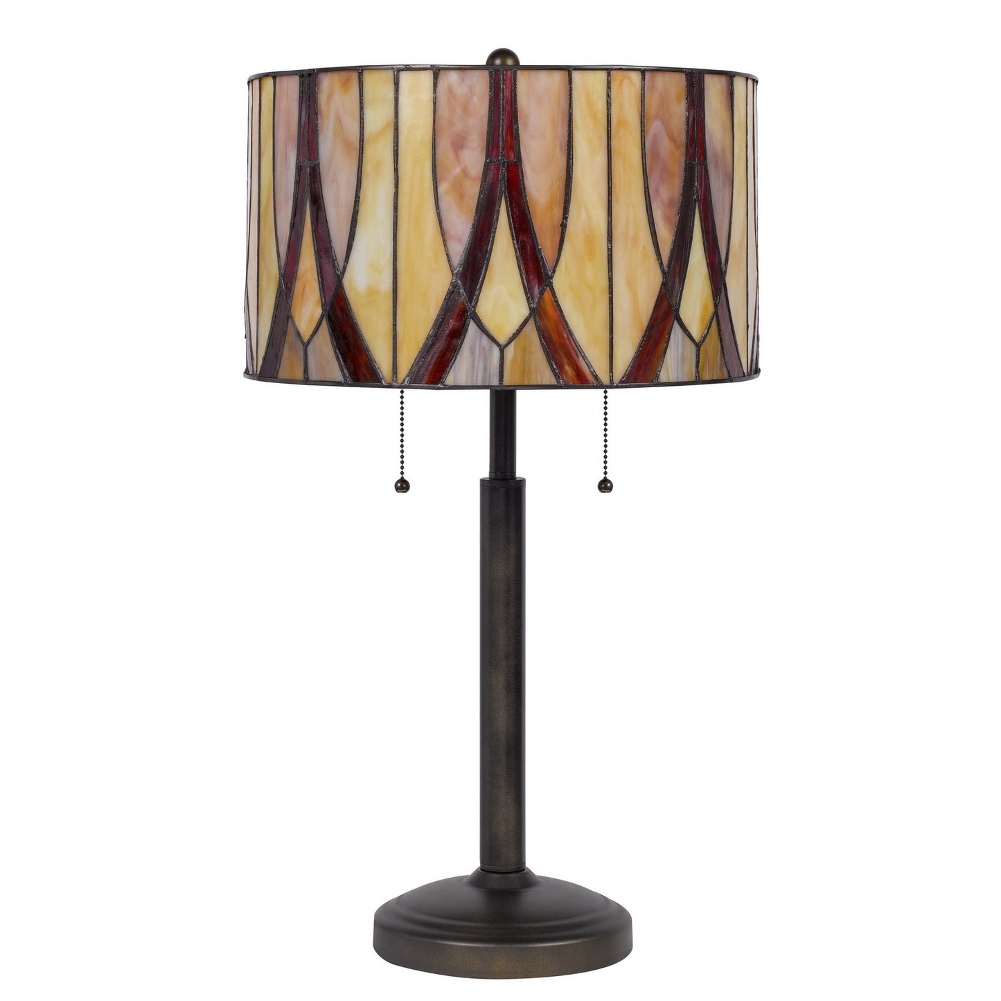 24" Bronze Metal Two Light Table Lamp With Red And Ivory Drum Shade-0
