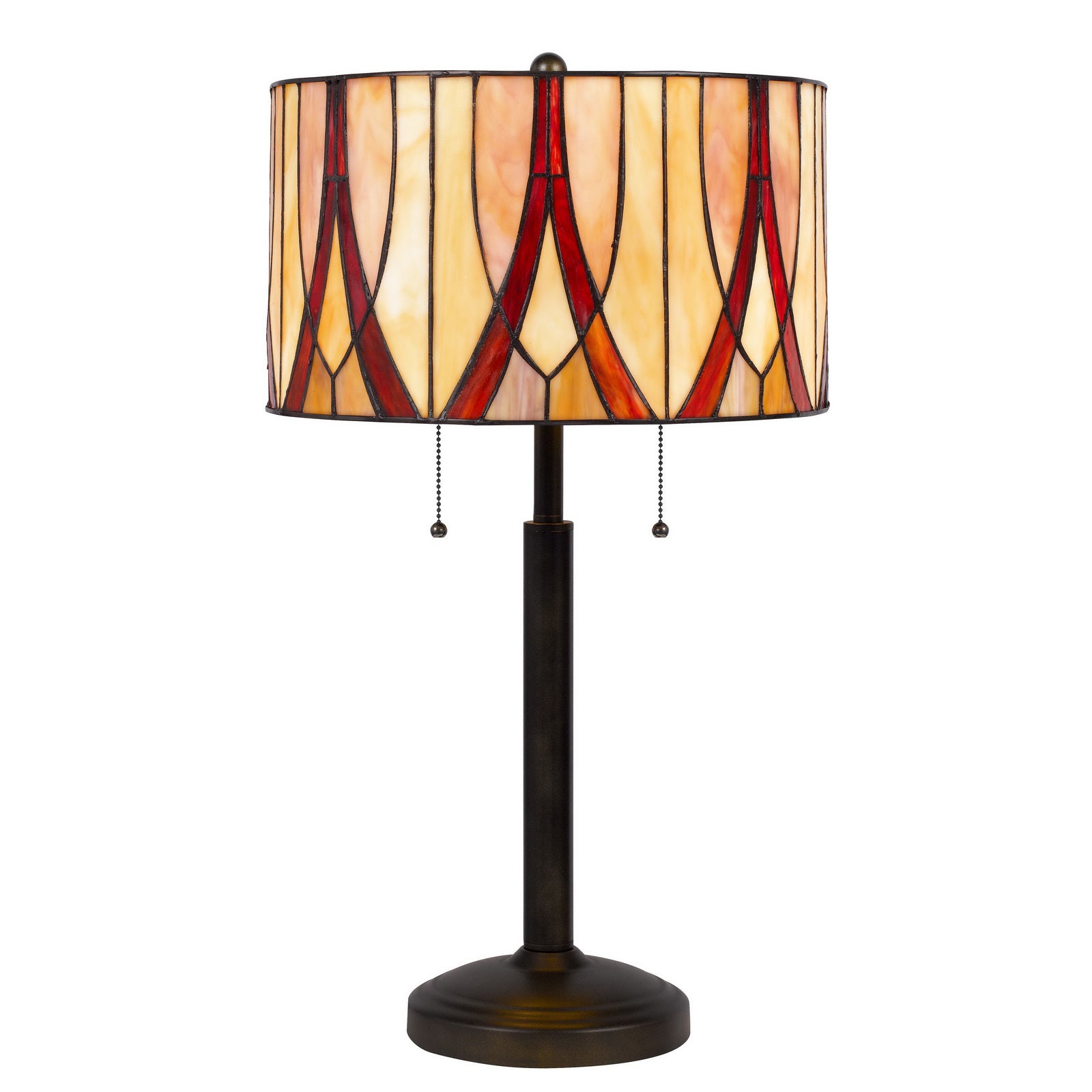 24" Bronze Metal Two Light Table Lamp With Red And Ivory Drum Shade-1