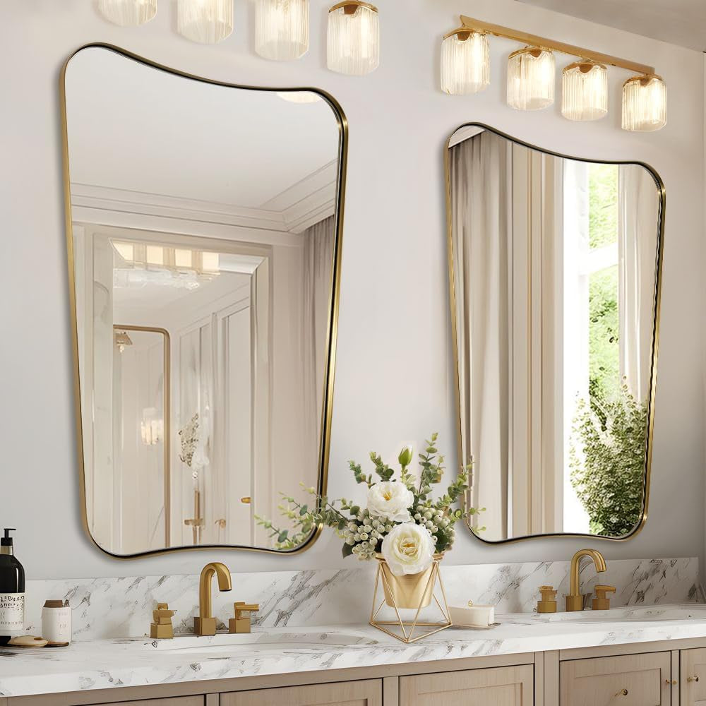 Gold Mirror, 24X36 Irregular Wall Mirror, Gold Antique Bathroom Vanity Mirror, Scalloped Mirror, Asymmetrical Mirror in Stainless Steel Metal Frame Wall Mount Horizontal or Vertical-0