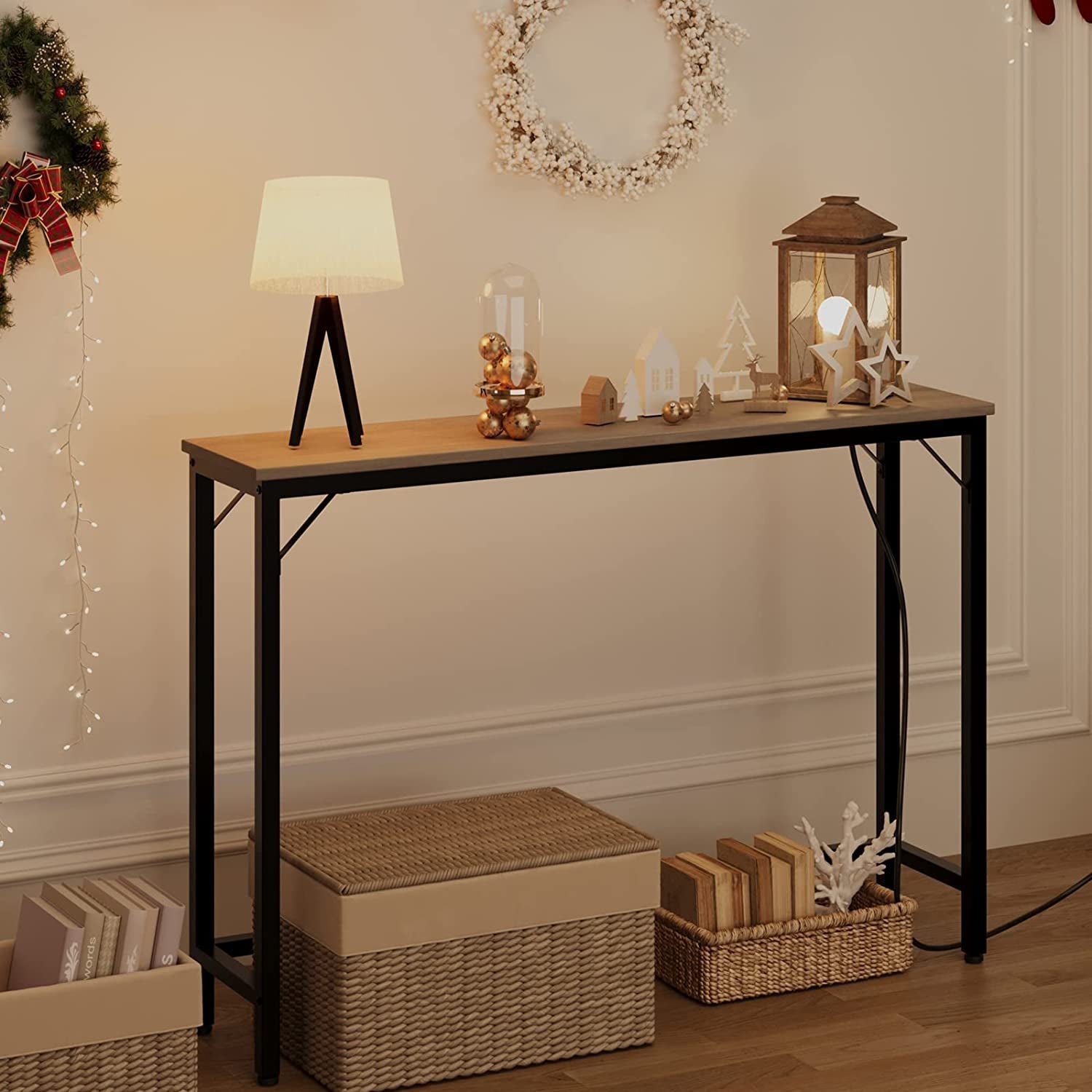 Industrial Grey Console Table with Charging Station-3