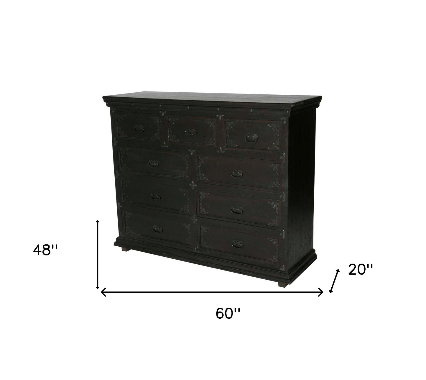 60" Dark Brown Carved Scrollwork Solid Wood Nine Drawer Double Dresser-4