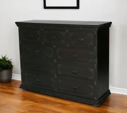 60" Dark Brown Carved Scrollwork Solid Wood Nine Drawer Double Dresser-0