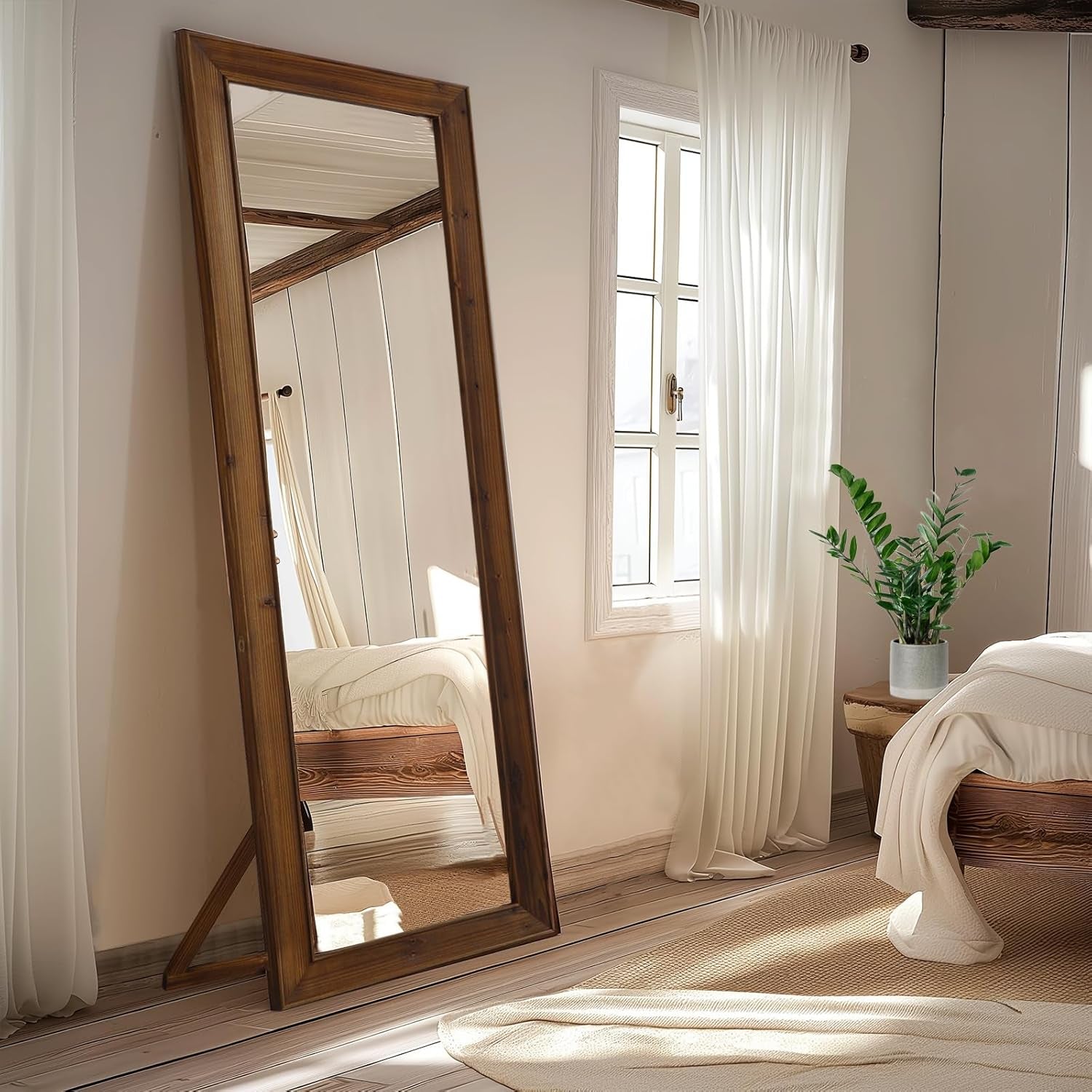 Rustic Farmhouse Full Length Mirror, 64"X21" Wood Frame Floor Mirror, Free Standing Mirror Leaning Hanging Mirror, Long Mirror for Bedroom Living Room Cloakroom, Wood-1