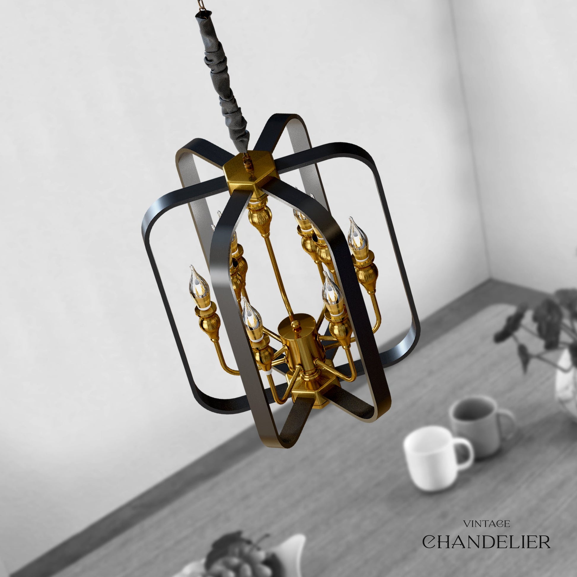 Lantern Black Metal Chandeliers 9-Light Adjustable Height Farmhouse Ceiling Chandelier~4622-2
