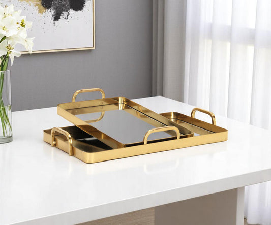 Set of Two Gold And Mirrored Glass Handmade Serving Trays-0