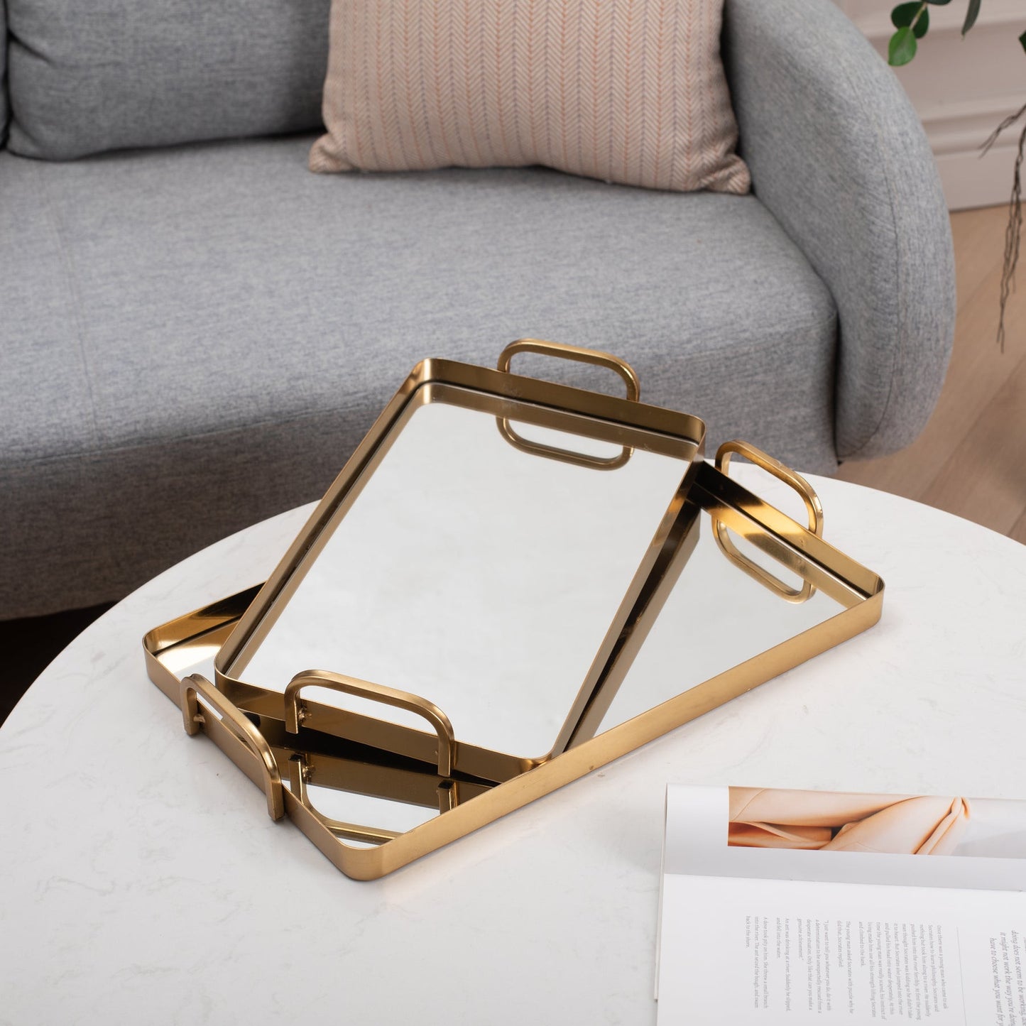 Set of Two Gold And Mirrored Glass Handmade Serving Trays-7