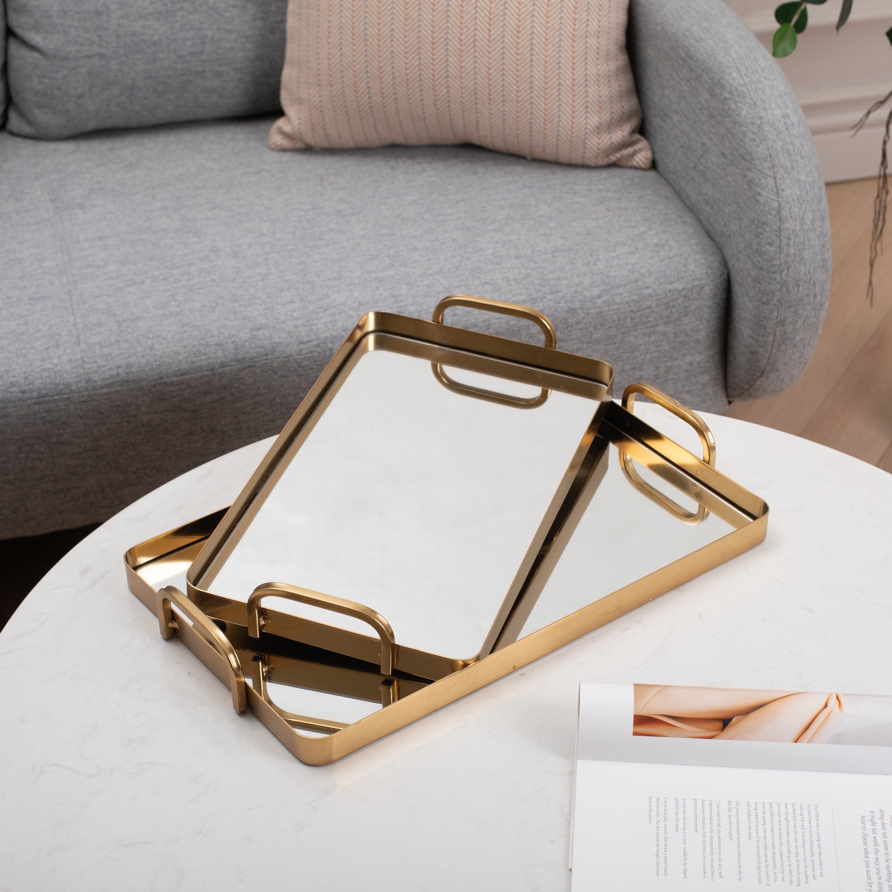 Set of Two Gold And Mirrored Glass Handmade Serving Trays-7