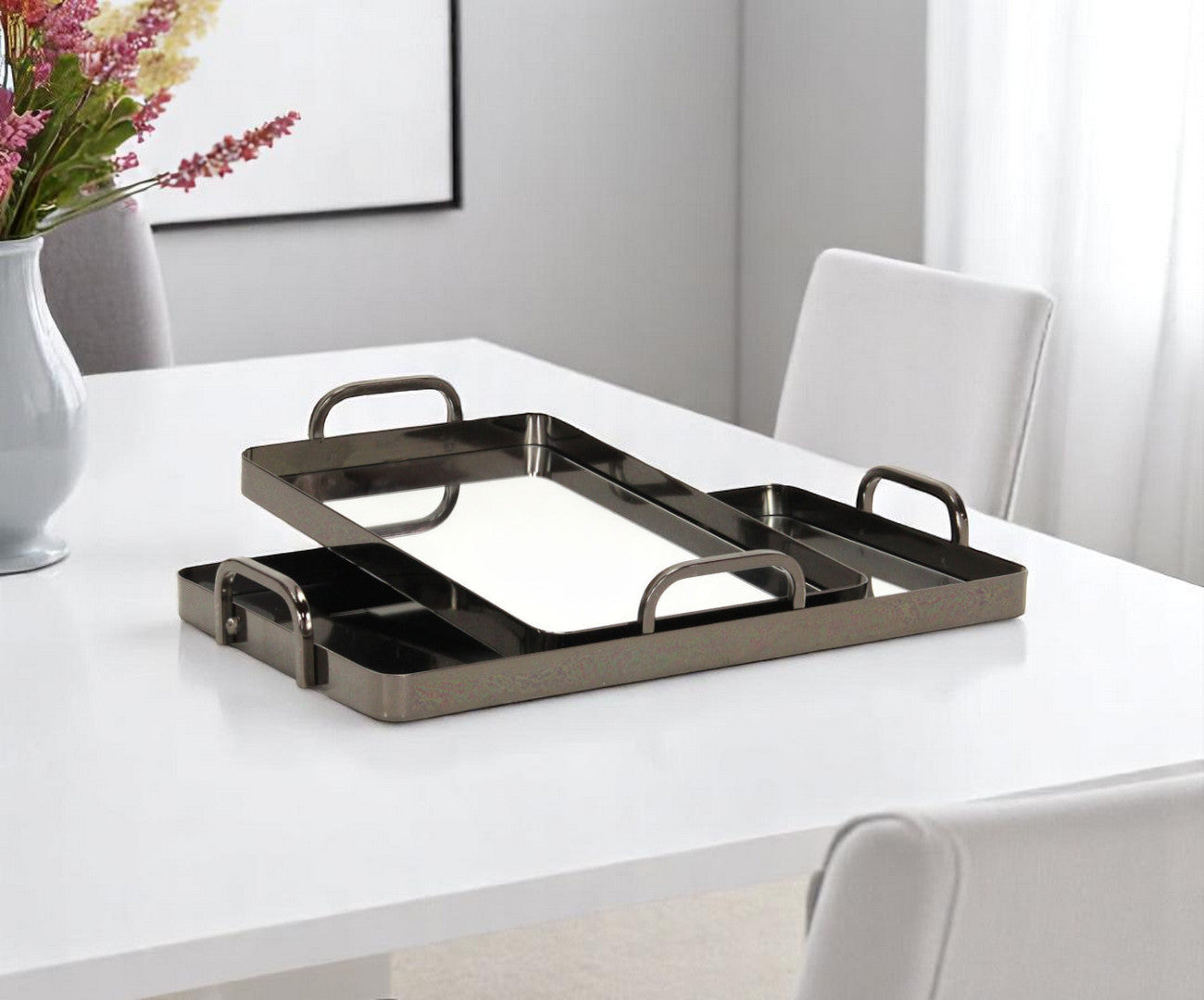 Set of Two Pewter Aluminum And Mirrored Glass Handmade Serving Trays-0