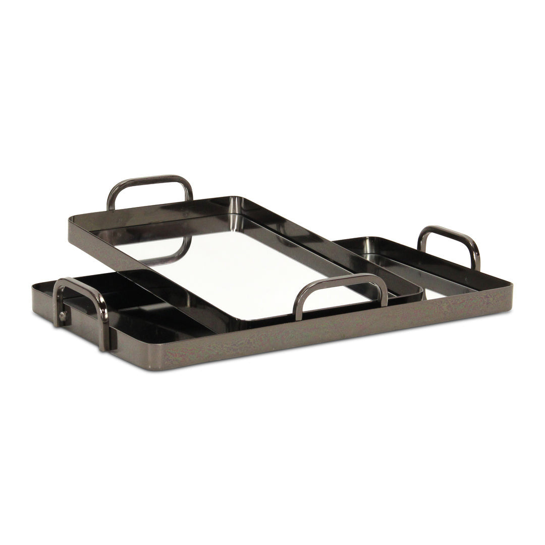 Set of Two Pewter Aluminum And Mirrored Glass Handmade Serving Trays-2