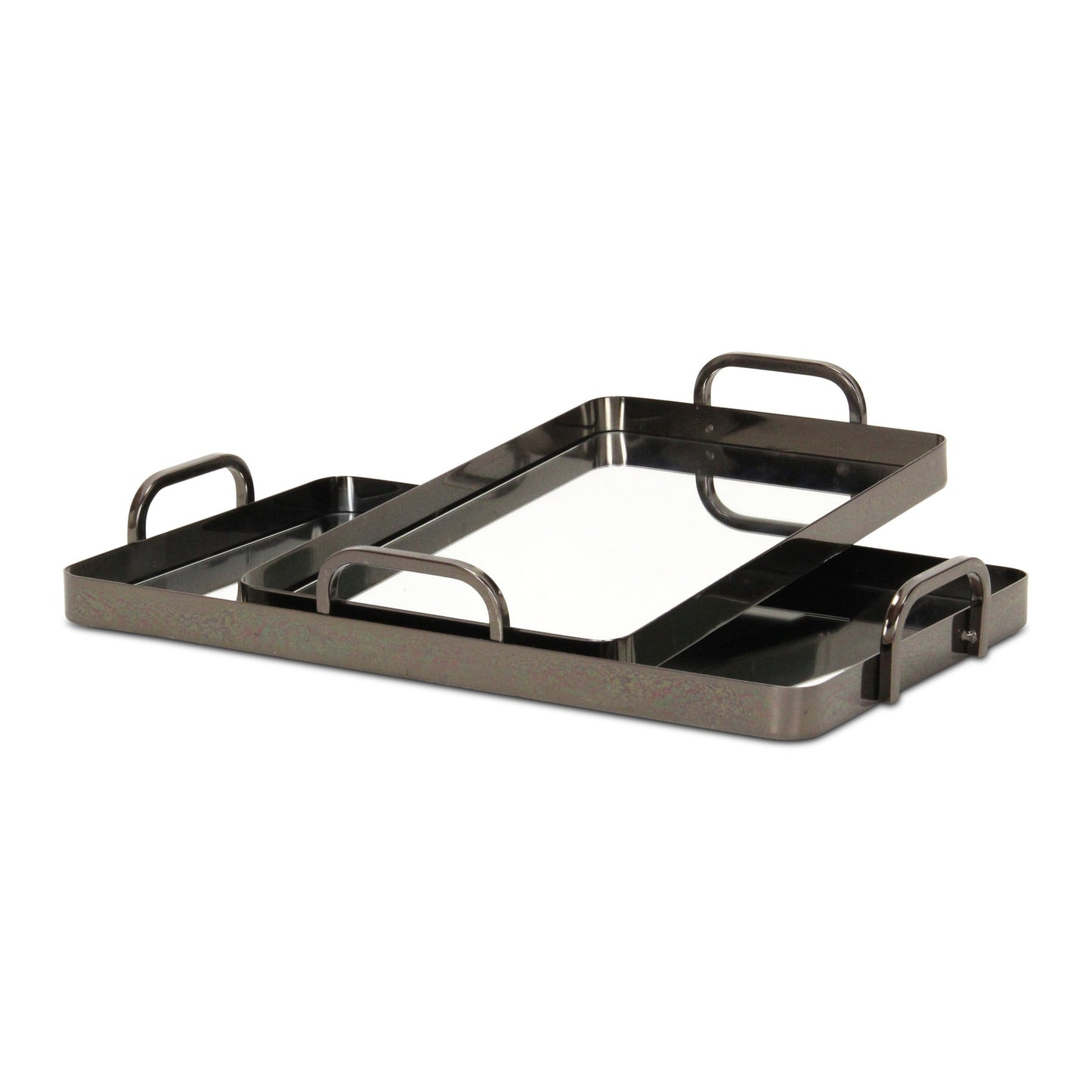 Set of Two Pewter Aluminum And Mirrored Glass Handmade Serving Trays-4