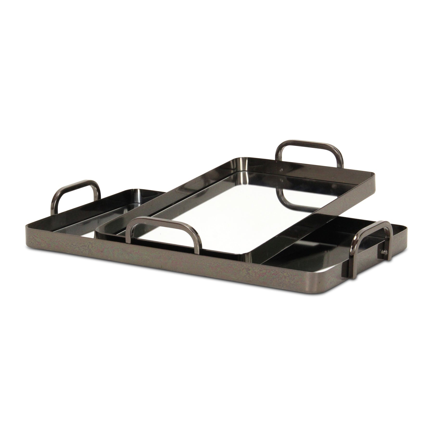 Set of Two Pewter Aluminum And Mirrored Glass Handmade Serving Trays-4