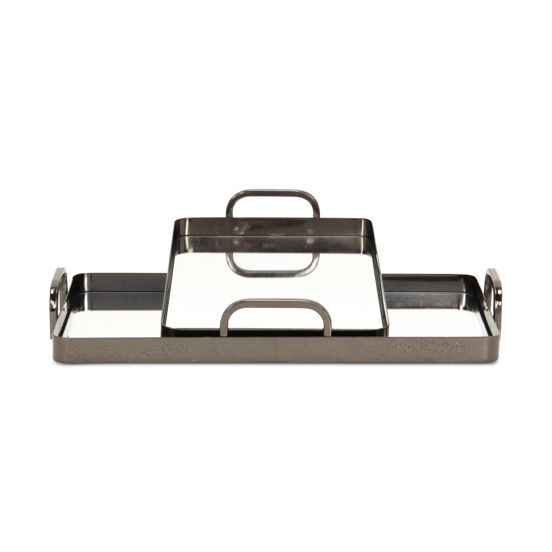 Set of Two Pewter Aluminum And Mirrored Glass Handmade Serving Trays-1
