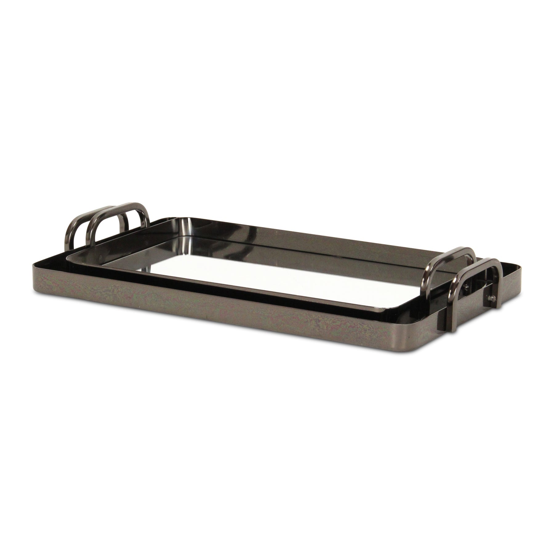 Set of Two Pewter Aluminum And Mirrored Glass Handmade Serving Trays-3
