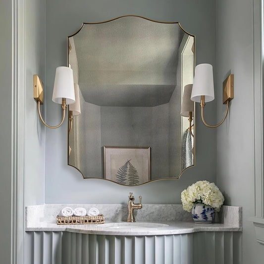 Stainless Steel Metal Frame Wall Mount Vanity Mirror, 22X30 Irregular Asymmetrical Mirror for Bathroom, Bedroom, Living Room, Mantel-0
