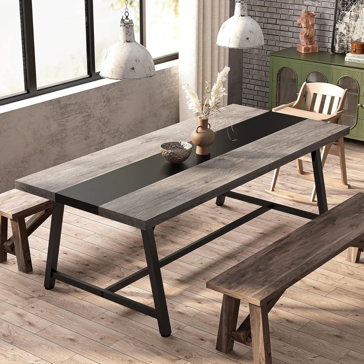 Dining Table for 8 People, 70.87-Inch Rectangular Wood Kitchen Table with Strong Metal Frame, Industrial Large Long Dining Room Table for Big Family (Gray, No Chair)-4