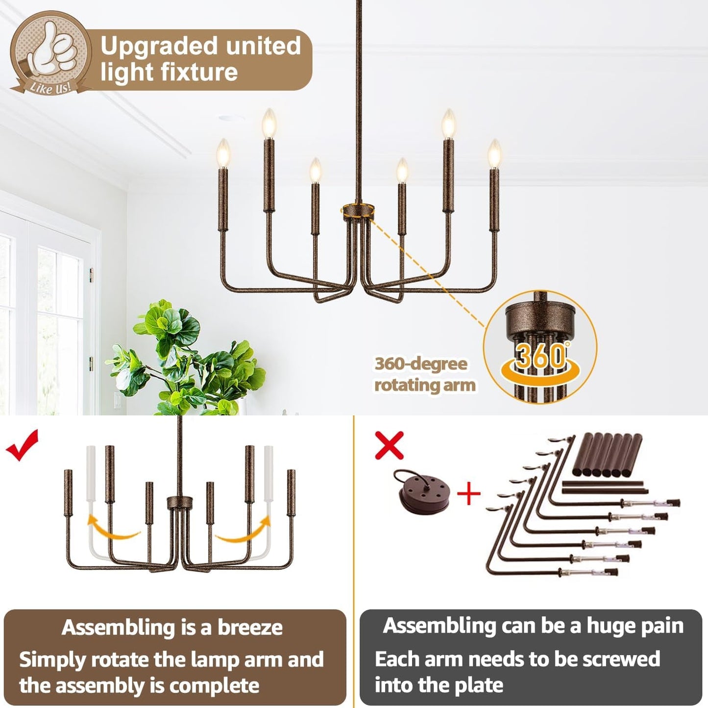 Rustic Black Chandelier, 6-Light Antique Farmhouse Chandelier for Dining Room Lighting Fixtures, Vintage Candle Pendant Light Fixtures Chandeliers for Dining Room Bedroom, Foyer and Living Room-3