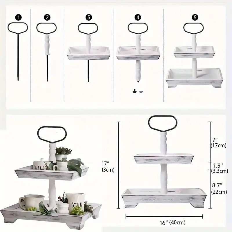 Rustic Wood Tiered Tray Stand - Farmhouse Chic Daily Decor-3