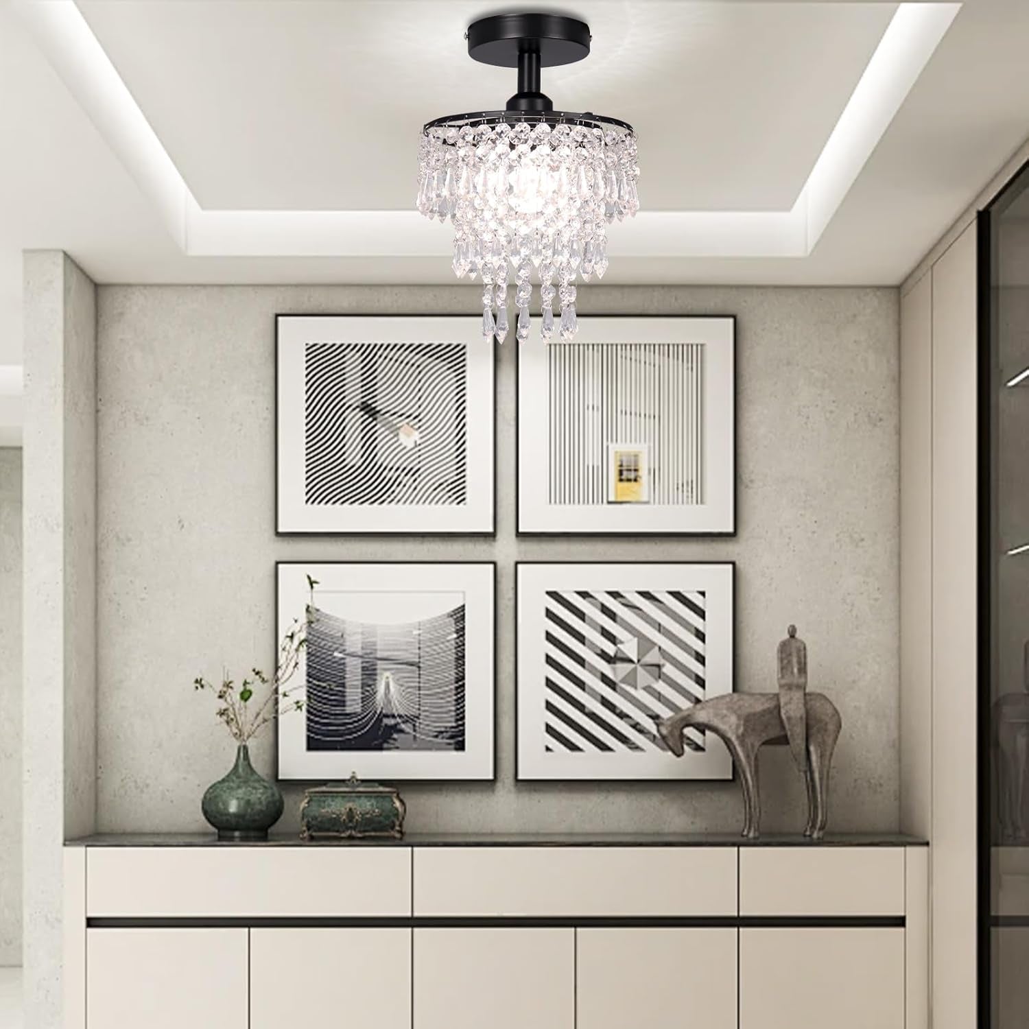 Small Crystal Chandelier Flush Mount Ceiling Light 3 Tiers Raindrops Crystal Chandeliers for Bedroom Hallway Foyer Living Room Entryway Closet,Black-4