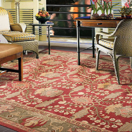 Multi Size Rusty Red, Green Hand Tufted William Morris Arts & Craft 100% Wool Oriental Area Rug-0