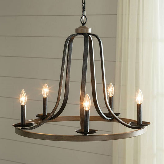 Rustic 5 Light Dimmable Farm Home Circle Metal Chandelier Oak Finish-0